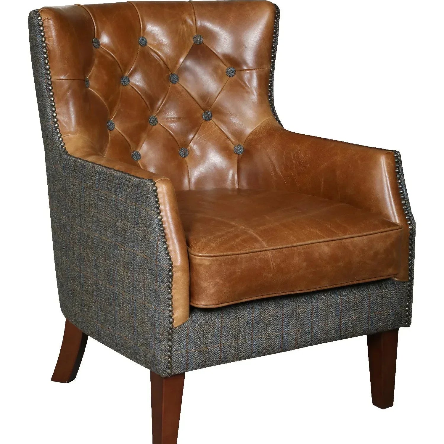 Brown leather accent chair with tufted back and grey tweed fabric sides