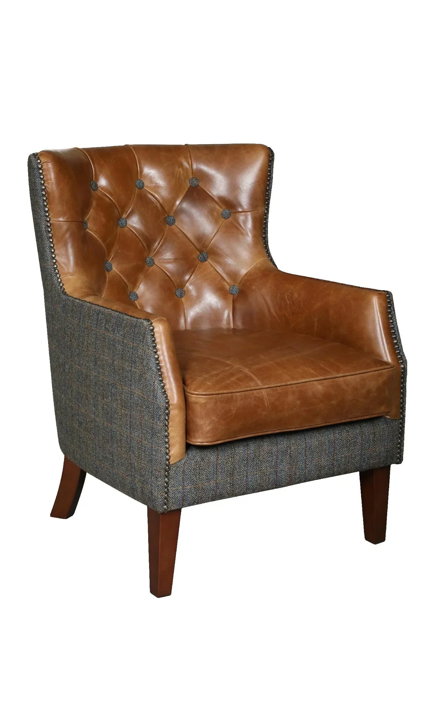 Brown leather accent chair with tufted back and grey tweed fabric sides