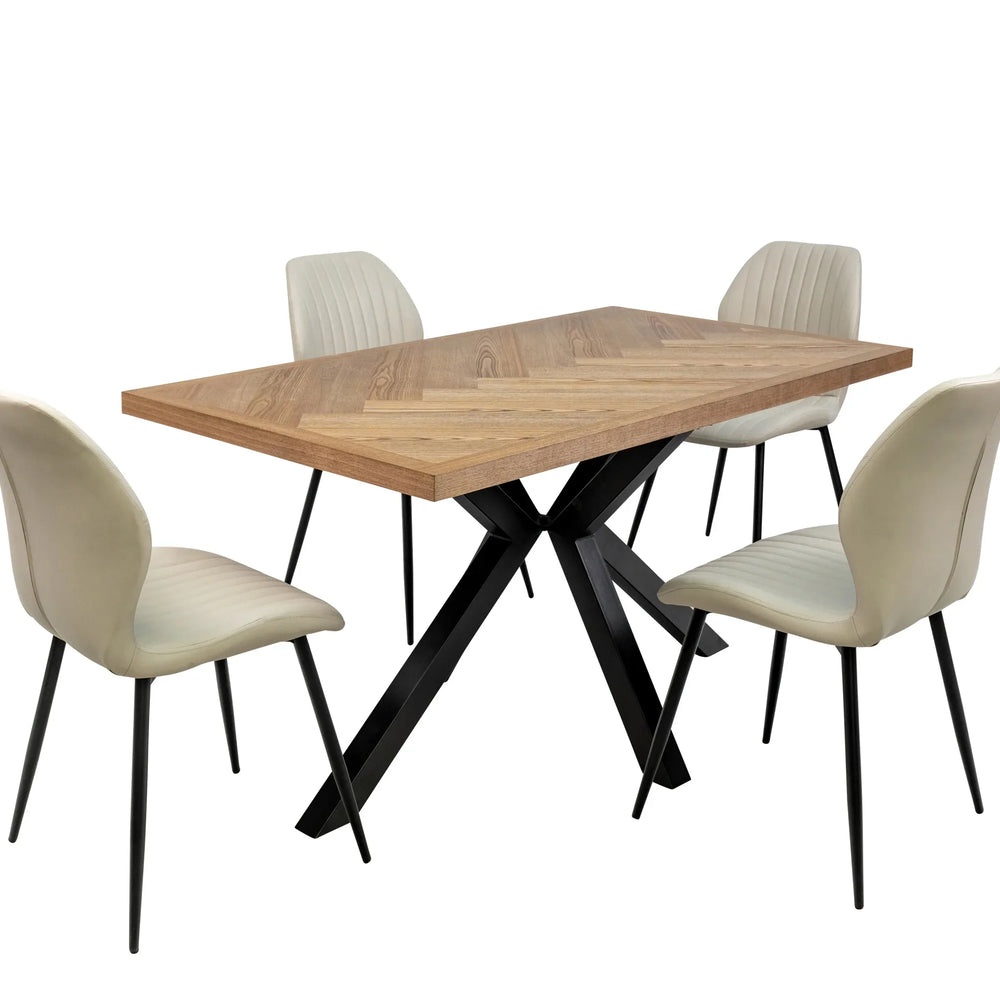Herringbone Dining Table - 1.4m Medium Ash Veneer with Black Legs