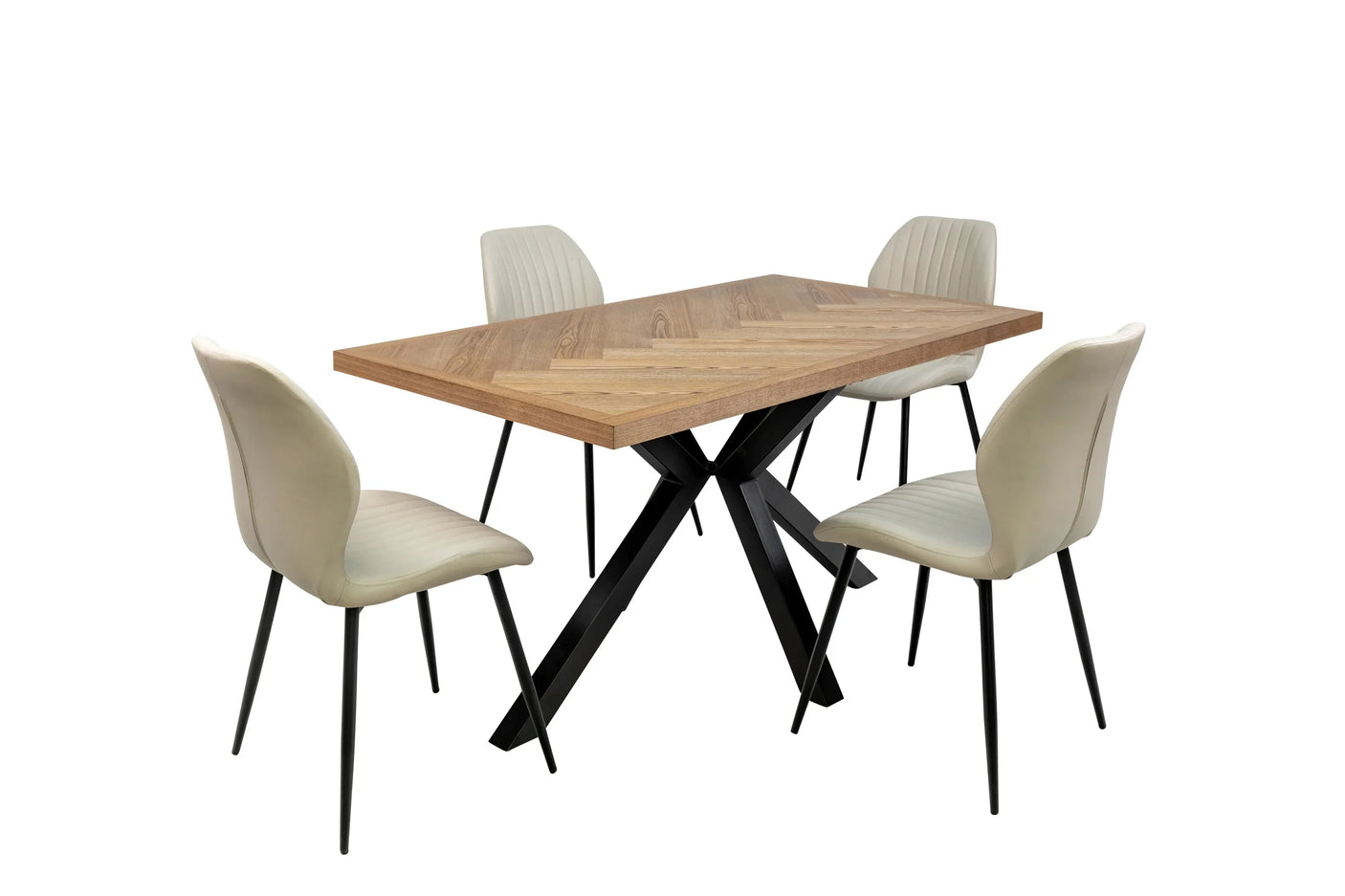 Herringbone Dining Table - 1.4m Medium Ash Veneer with Black Legs