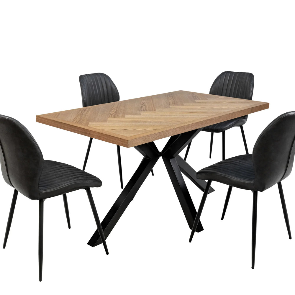 Herringbone Dining Table - 1.4m Medium Ash Veneer with Black Legs