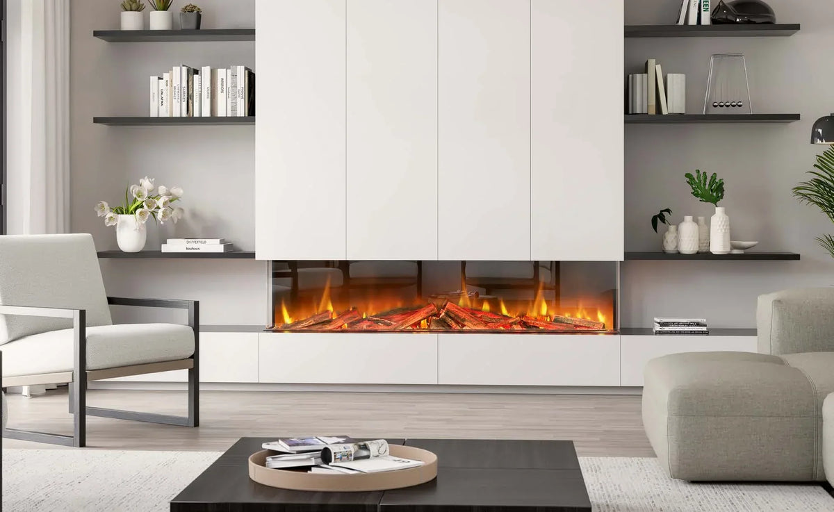 Henley electric fireplace built into modern living room with white cabinets and shelving