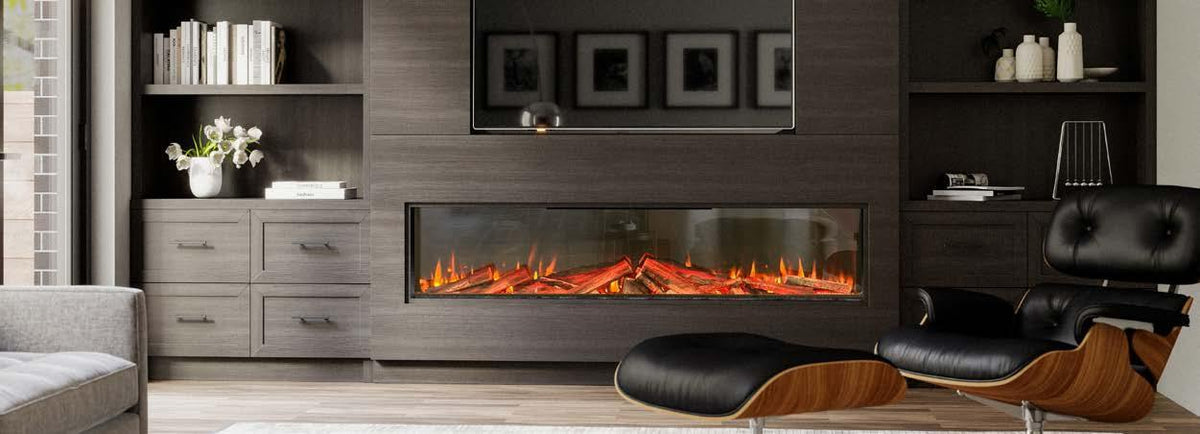 Contemporary living room with wall-mounted electric fireplace and modern black lounge chair