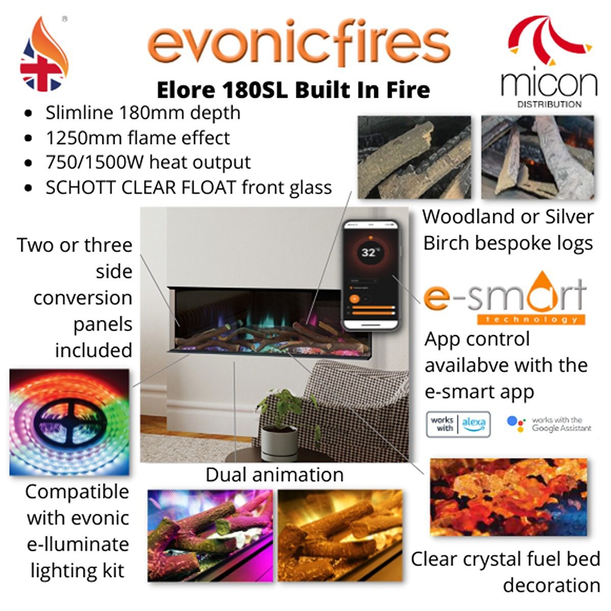 Evonic Halo 1250 Sl / Elore 180Sl Built In Electric Fire