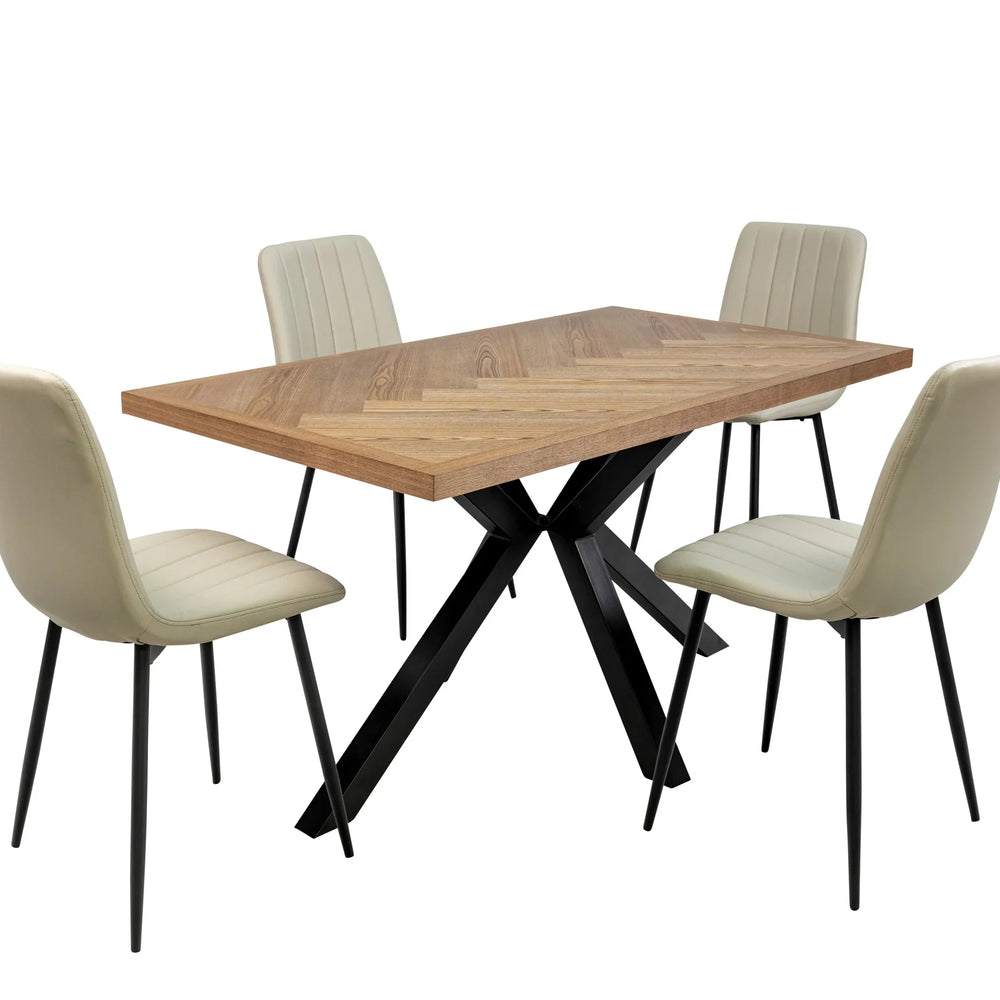 Herringbone Dining Table - 1.4m Medium Ash Veneer with Black Legs