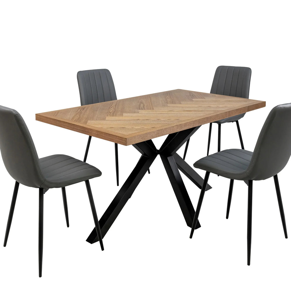 Herringbone Dining Table - 1.4m Medium Ash Veneer with Black Legs