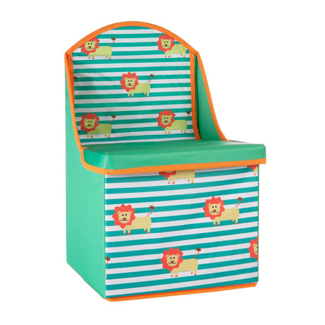 Children's storage seat featuring a lion design with a turquoise base and striped pattern. The backrest is slightly elevated and has a bright orange trim, while the seat offers hidden storage space. The design includes playful lion motifs scattered across the stripes