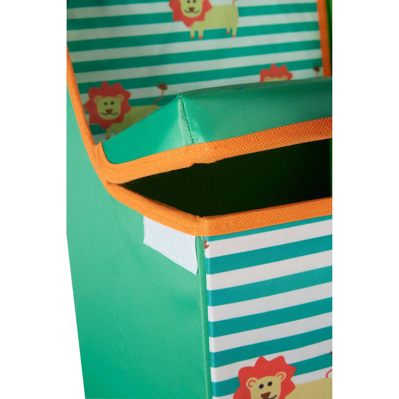 Brightly colored storage seat featuring a playful lion design with green and orange accents. The exterior has horizontal stripes in teal and white, complemented by lion graphics. The top is open, revealing a spacious storage compartment inside