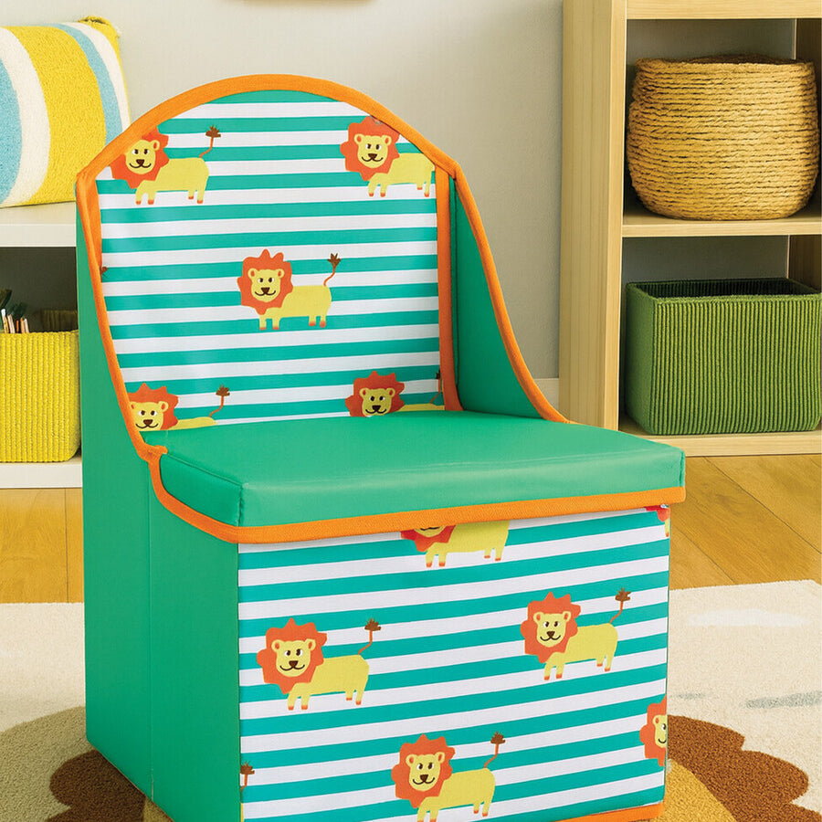 A colorful children's storage seat featuring a lion design, with a green seat and a backrest adorned with blue and white stripes and playful lion illustrations. The seat doubles as a storage box, set against a cheerful room backdrop with a round lion-themed rug and various storage bins