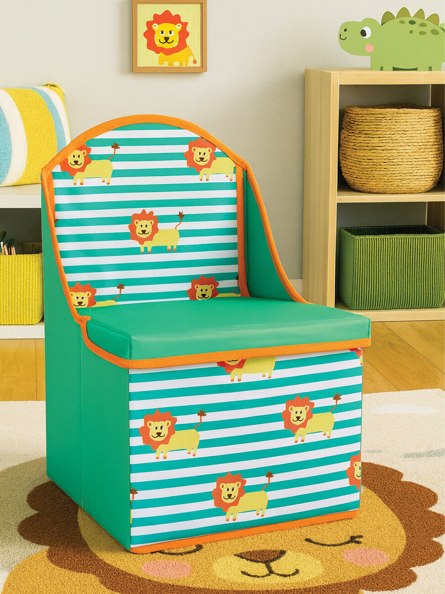 A colorful children's storage seat featuring a lion design, with a green seat and a backrest adorned with blue and white stripes and playful lion illustrations. The seat doubles as a storage box, set against a cheerful room backdrop with a round lion-themed rug and various storage bins