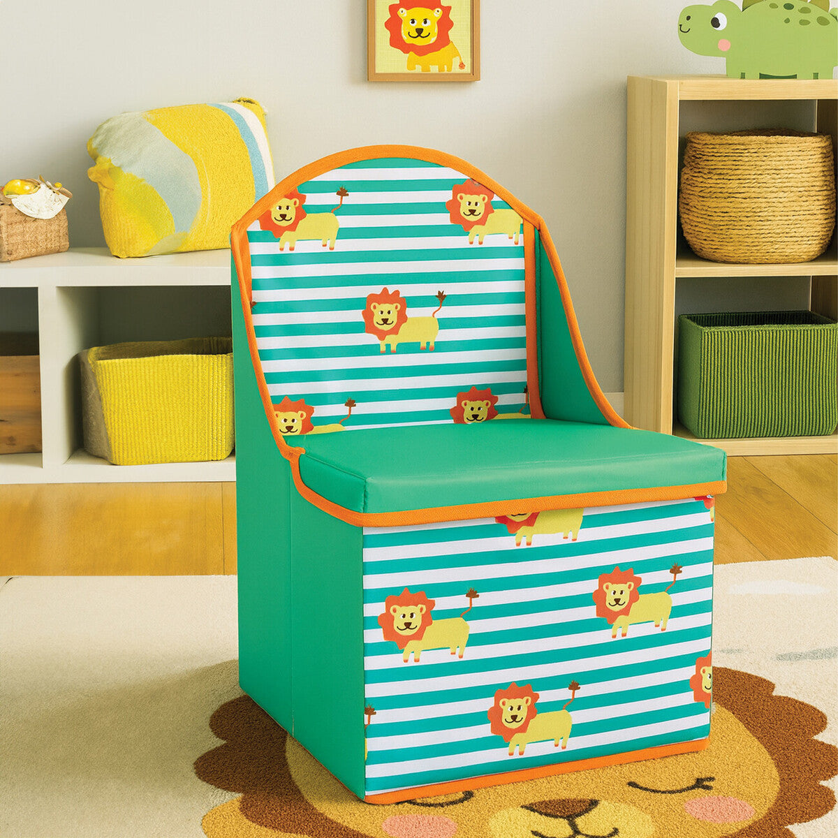 Children's storage seat featuring a lion design with a striped turquoise and white pattern. The seat has a green base and orange trim, designed for playful and functional use in a child's room. The background includes a colorful play area with baskets and toys