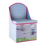 Childrens Owl Design Storage Seat featuring a light blue cushioned seat and backrest, with a colorful owl design on the front depicting owls perched on branches against a pastel background with clouds and a tree. The seat also functions as a storage box, with a pink trim outlining the edges