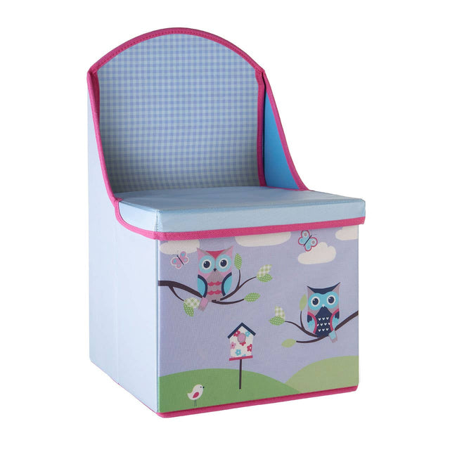 Childrens Owl Design Storage Seat featuring a light blue cushioned seat and backrest, with a colorful owl design on the front depicting owls perched on branches against a pastel background with clouds and a tree. The seat also functions as a storage box, with a pink trim outlining the edges