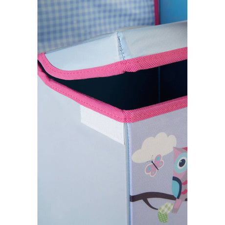 A colorful children's storage seat featuring an owl design, with a pink trim and a playful illustration of an owl perched on a branch. The seat has a soft, padded top and a sturdy, rectangular shape, suitable for storing toys or other items. The background is a light color with a subtle pattern
