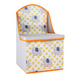 Kids storage seat featuring a playful elephant design with colorful polka dots and a bright orange trim. The seat has a padded backrest and a lift-up top for storage, suitable for children's rooms