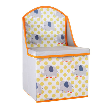 Kids storage seat featuring a playful elephant design with colorful polka dots and a bright orange trim. The seat has a padded backrest and a lift-up top for storage, suitable for children's rooms