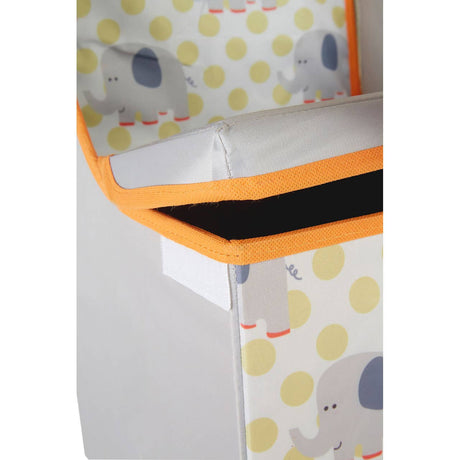 A children's storage seat featuring a playful elephant design with gray elephants on a white background adorned with yellow polka dots, complemented by an orange trim. The seat has a hinged top that opens to reveal a storage compartment