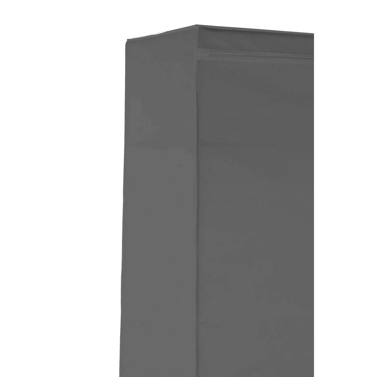Grey fabric wardrobe cover with zip closure, corner view