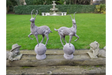 Pair of decorative deer garden statues on stone orbs with lawn and fountain backdrop