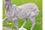 Stone deer garden ornament with weathered texture on grass lawn