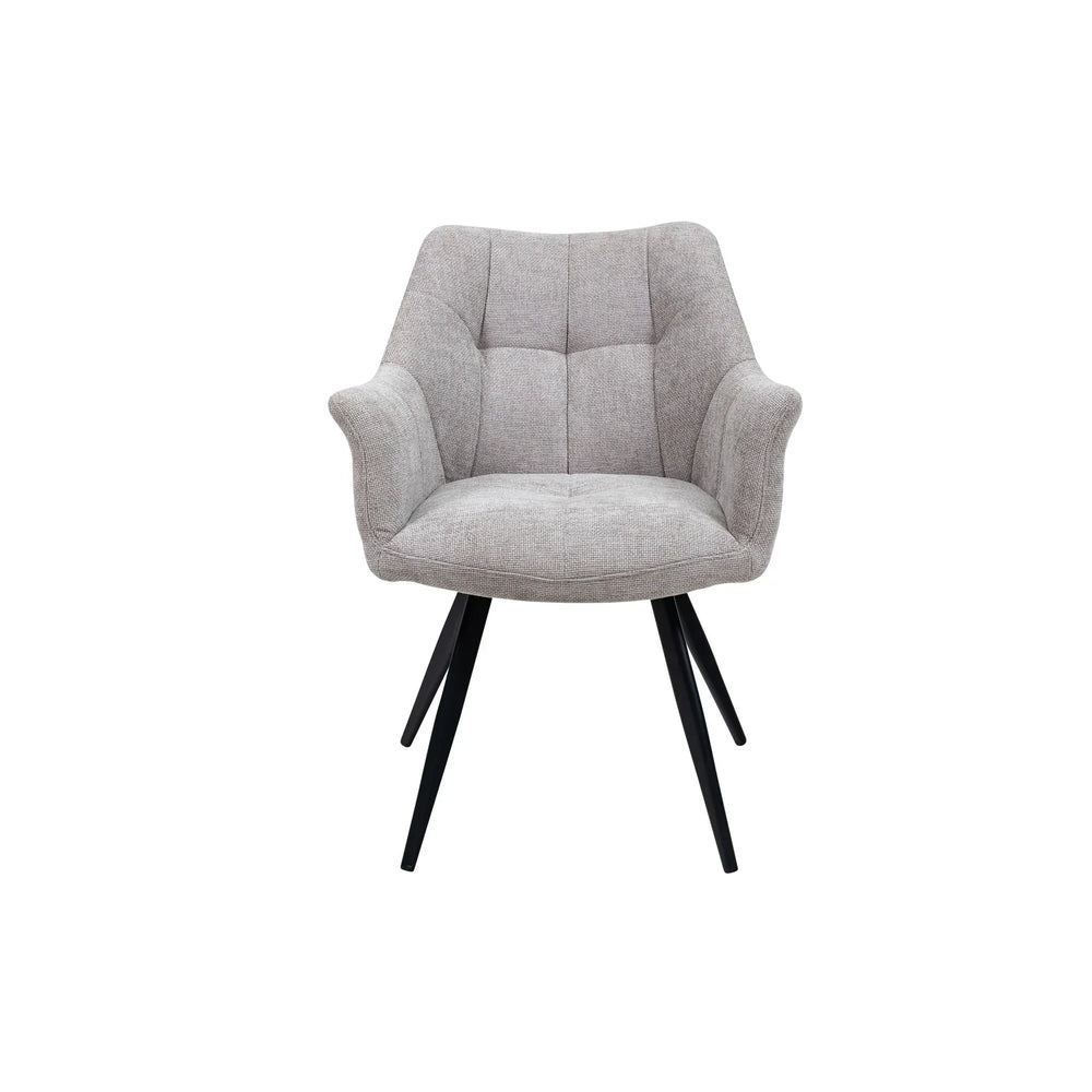 Grey upholstered accent chair with armrests and black metal legs, front view