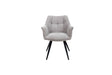 Grey upholstered accent chair with armrests and black metal legs, front view