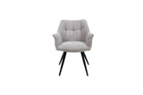 Grey upholstered accent chair with armrests and black metal legs, front view