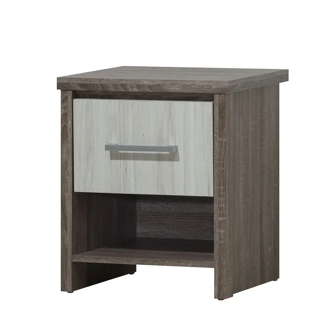 Wooden bedside locker with single drawer, metal handle and open shelf, front view