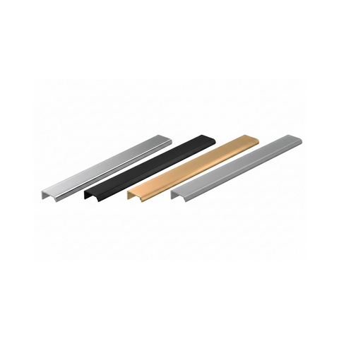 Four metallic handles in silver, black, gold, and gray on a white background
