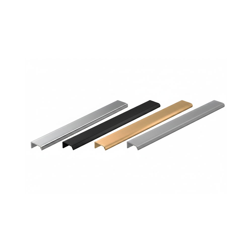 Four metallic handles in silver, black, gold, and gray on a white background