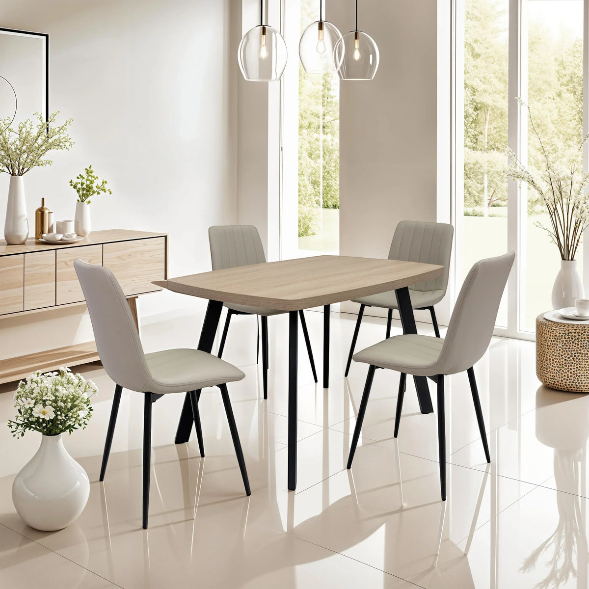 Rectangular oak dining table with four beige padded chairs in modern dining room