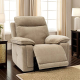 Beige fabric recliner armchair with footrest extended, in a living room setting