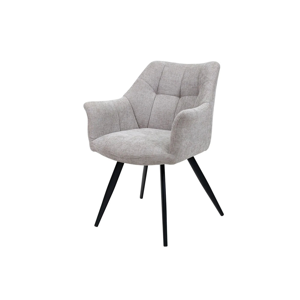 Modern armchair with light grey fabric upholstery and black angled legs