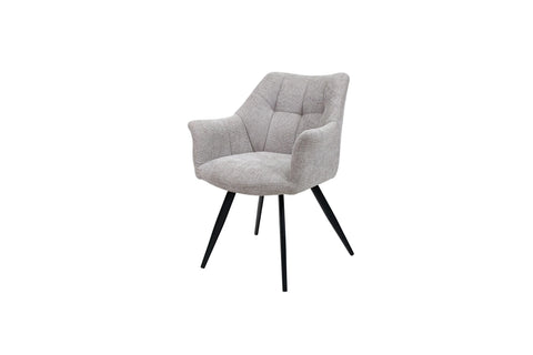 Modern armchair with light grey fabric upholstery and black angled legs