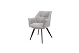 Modern armchair with light grey fabric upholstery and black angled legs