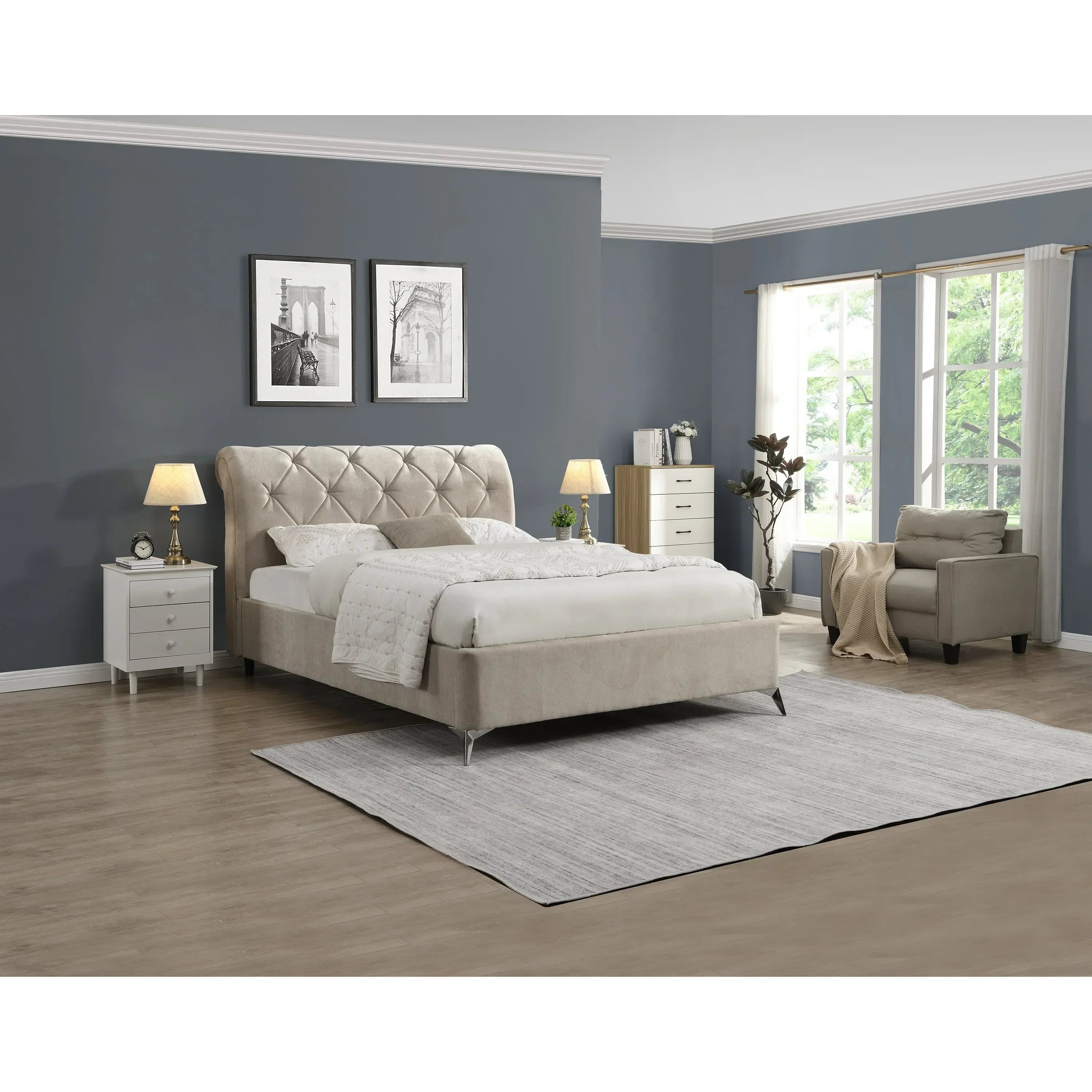 Beige upholstered bed with tufted headboard in modern bedroom setting with matching furniture