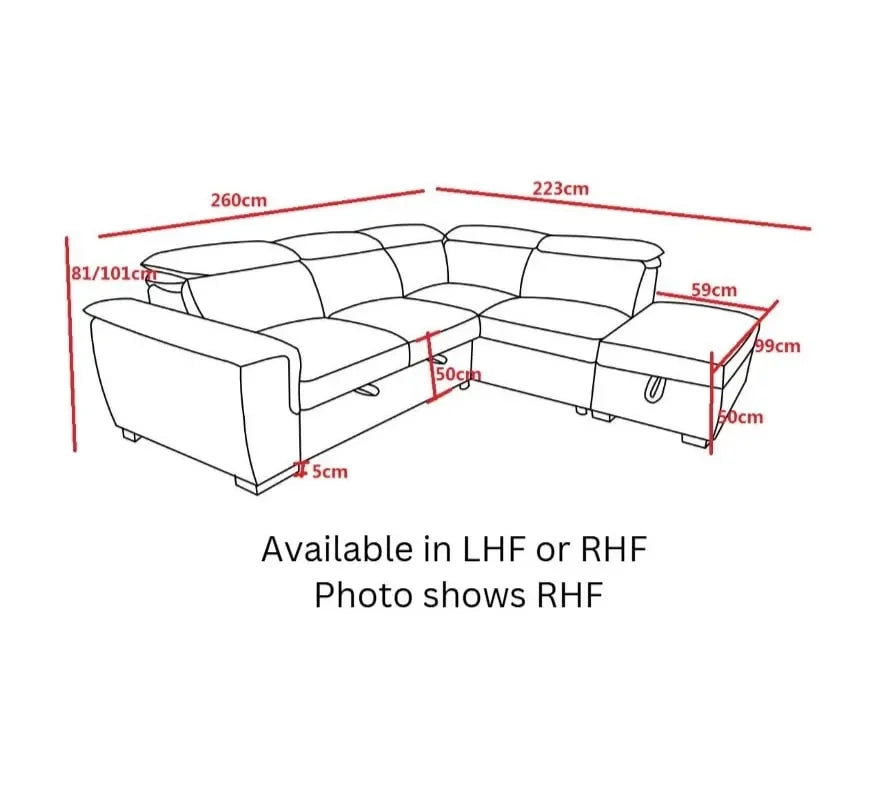 Corner sofa dimensions diagram with labelled measurements and right hand facing chaise