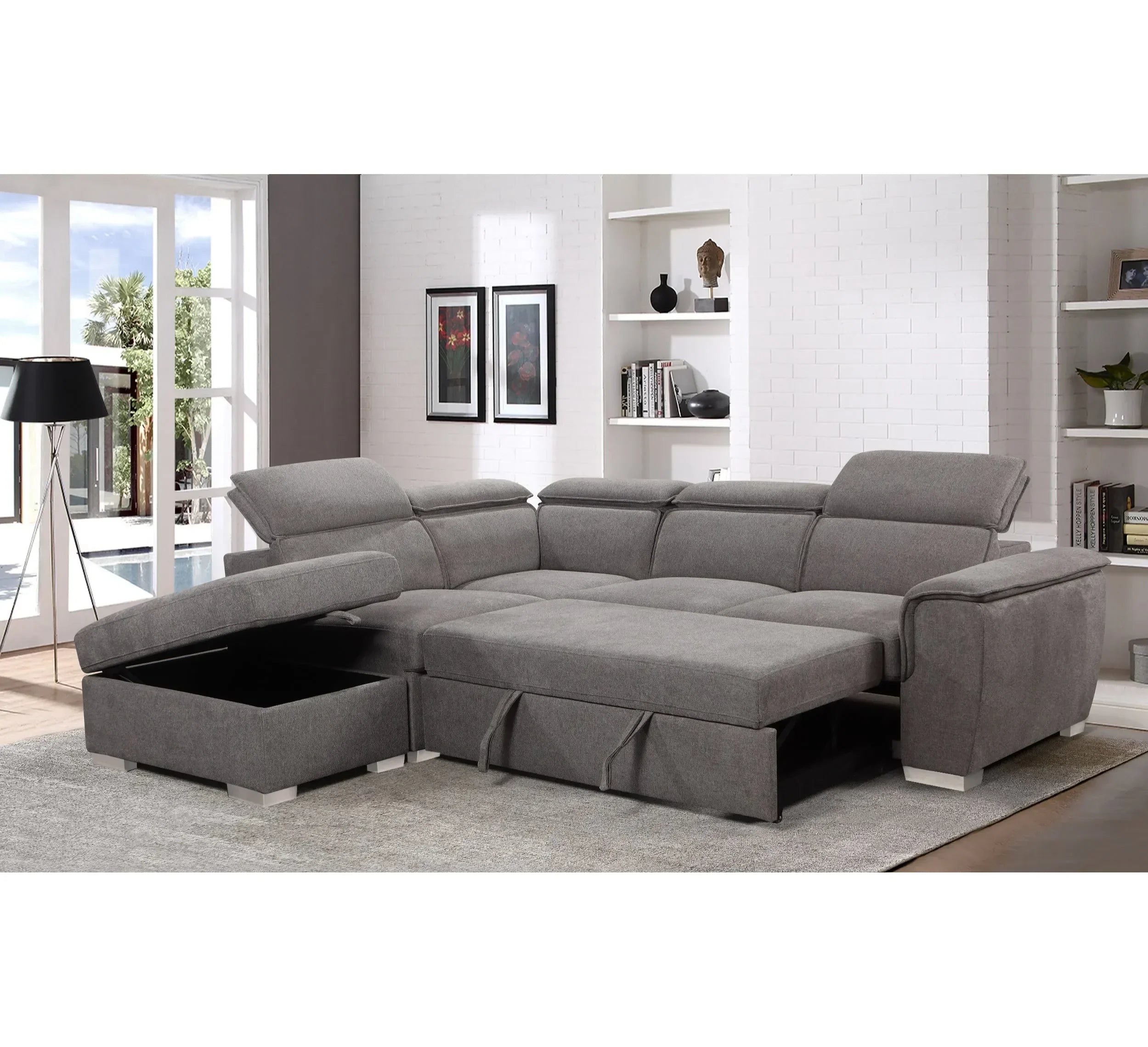 Grey corner sofa with adjustable headrests and under seat storage in modern living room