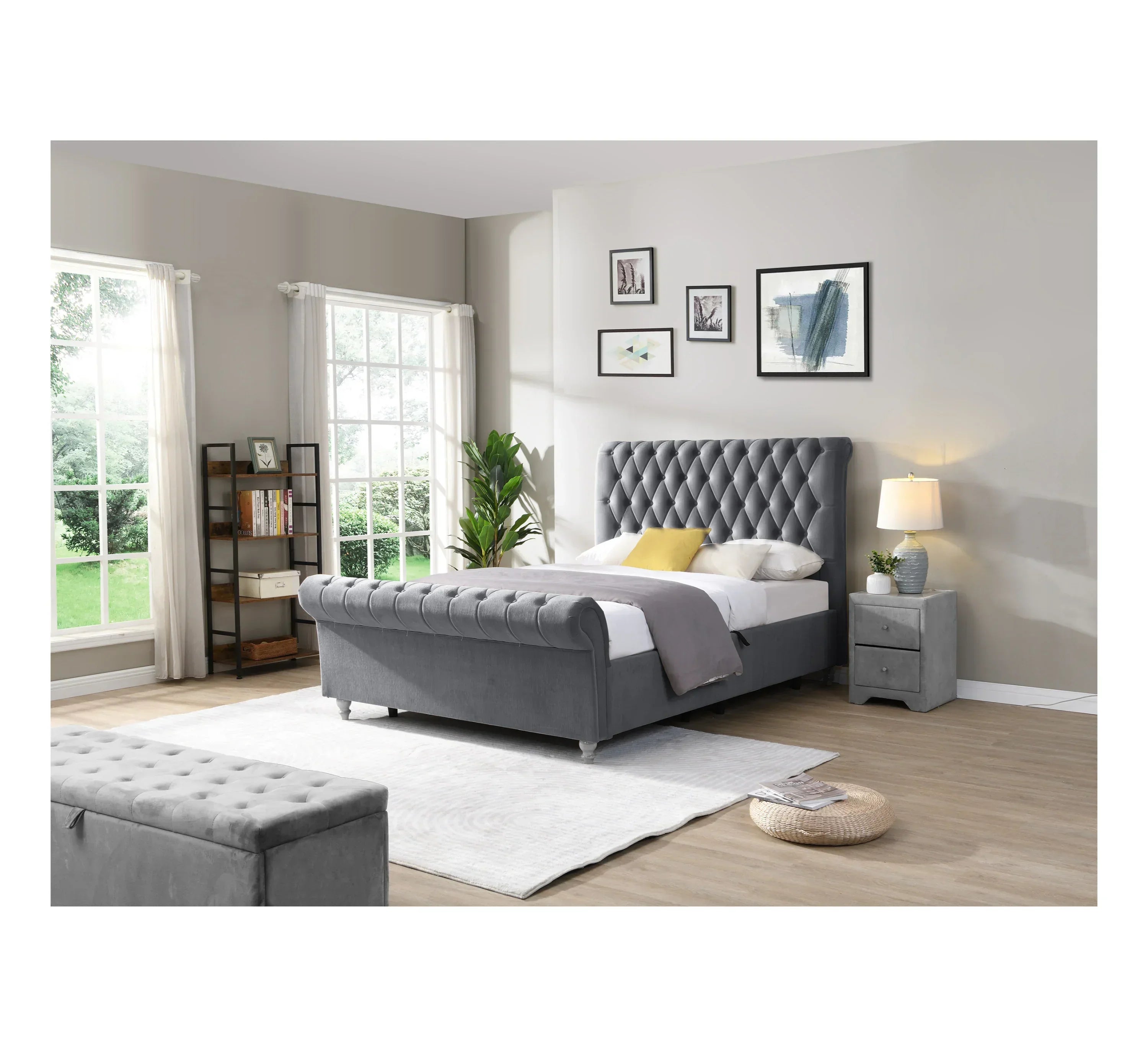 Grey upholstered bed frame with tufted headboard in modern bedroom setting