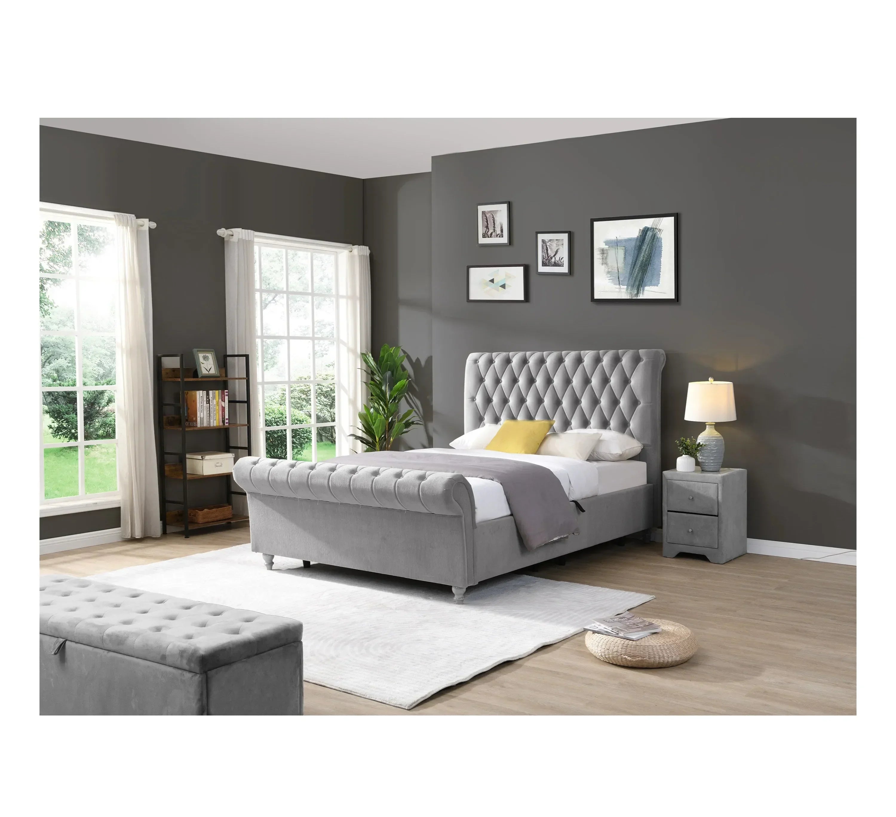 Grey velvet upholstered bed frame with tufted headboard in modern bedroom setting