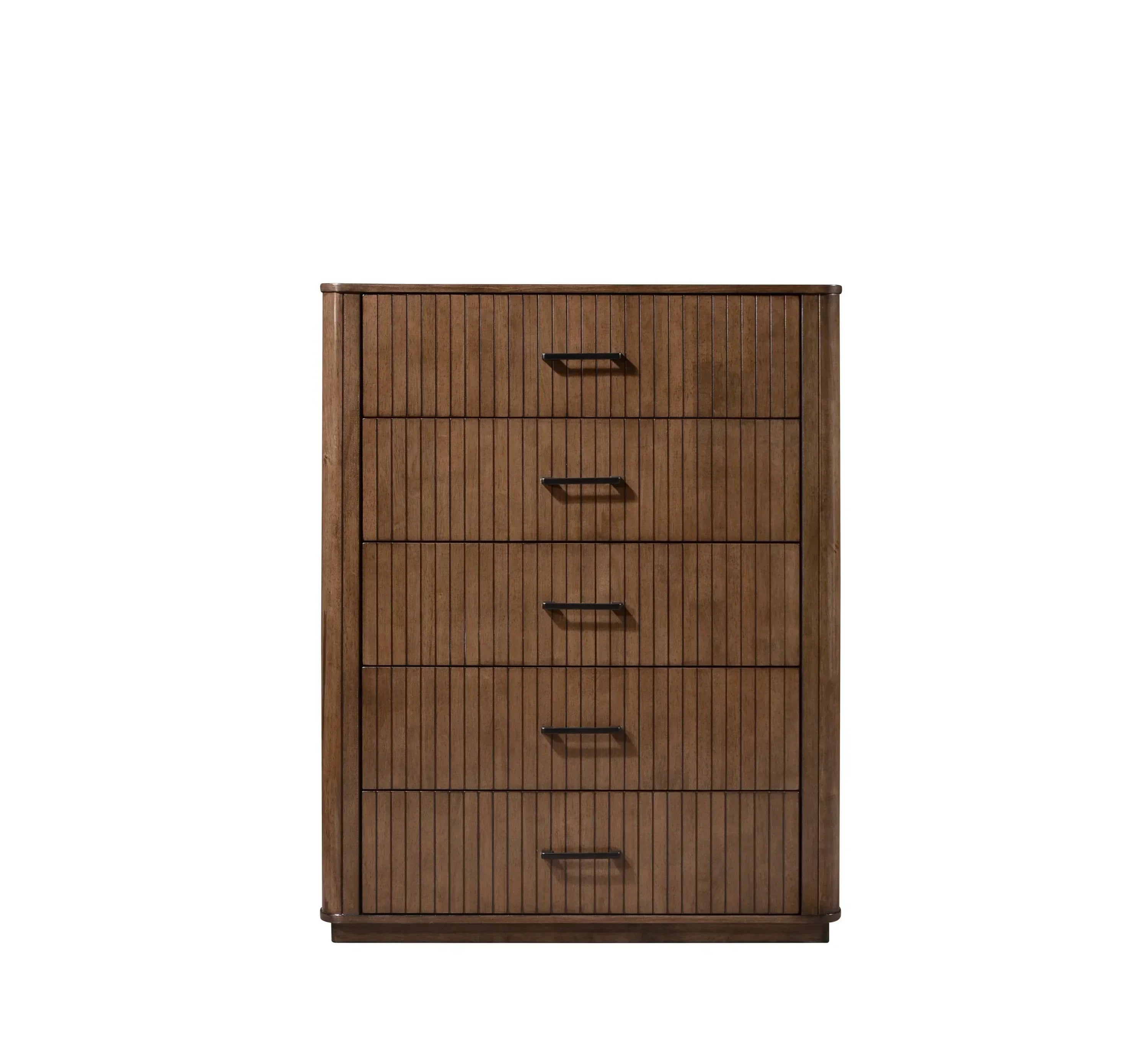 Wooden chest of drawers with five handles and vertical panel detailing