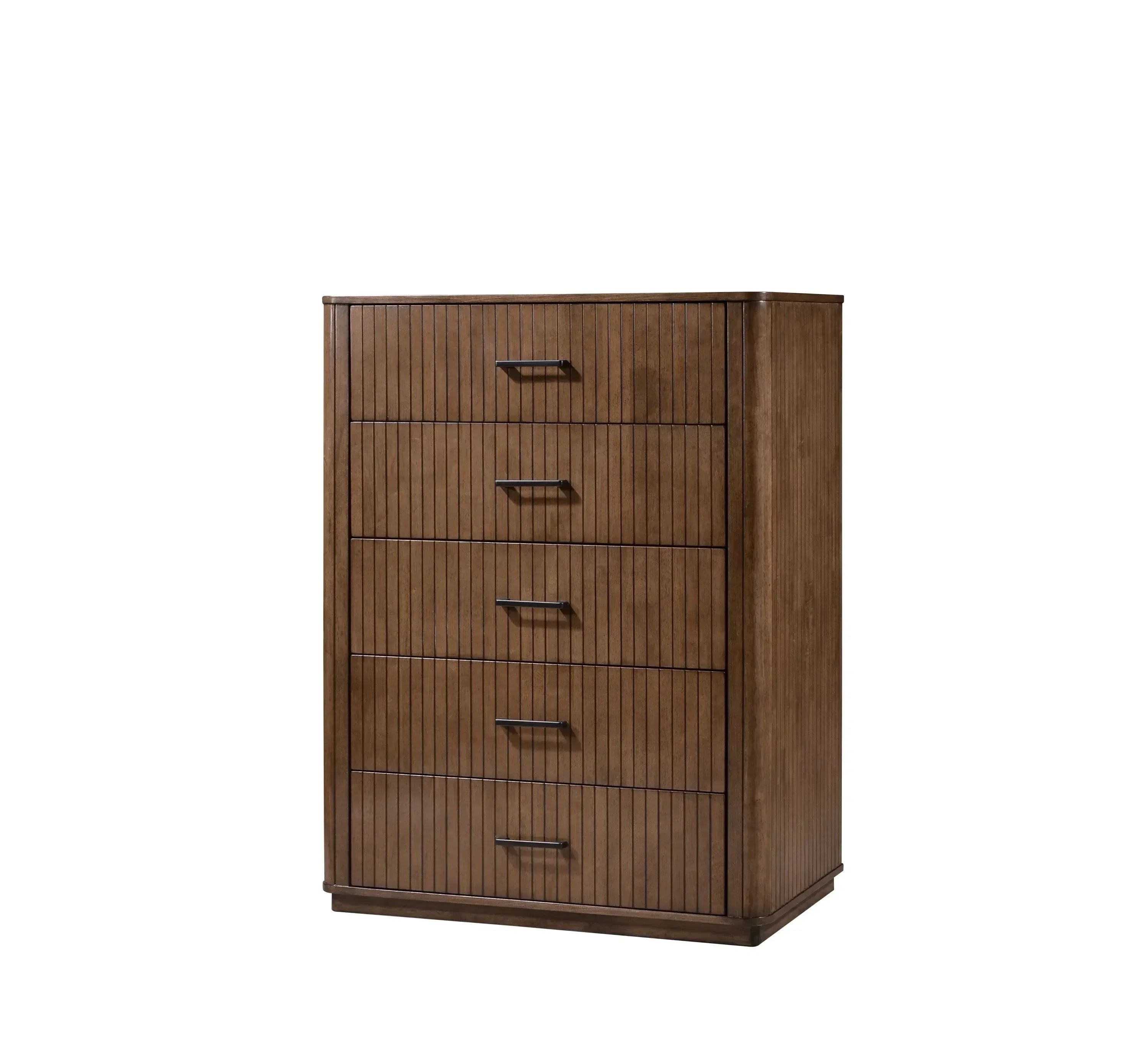 Tall wooden chest of drawers with five vertical panel fronts and metal handles