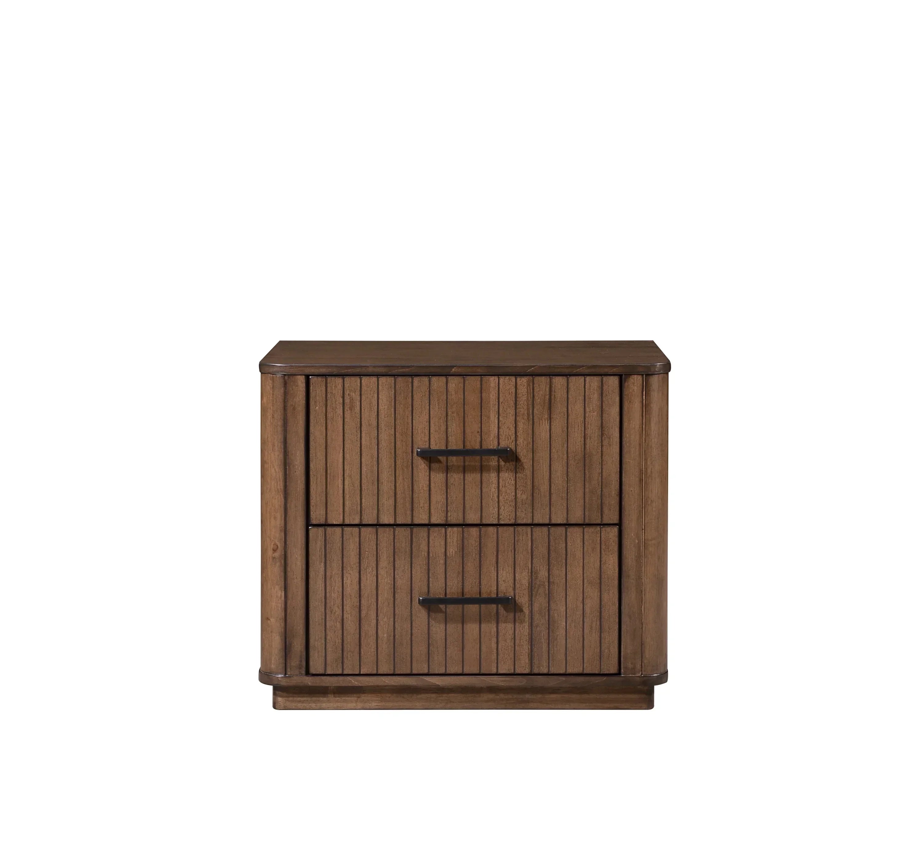 Wooden bedside table with two drawers and vertical slat design, front view