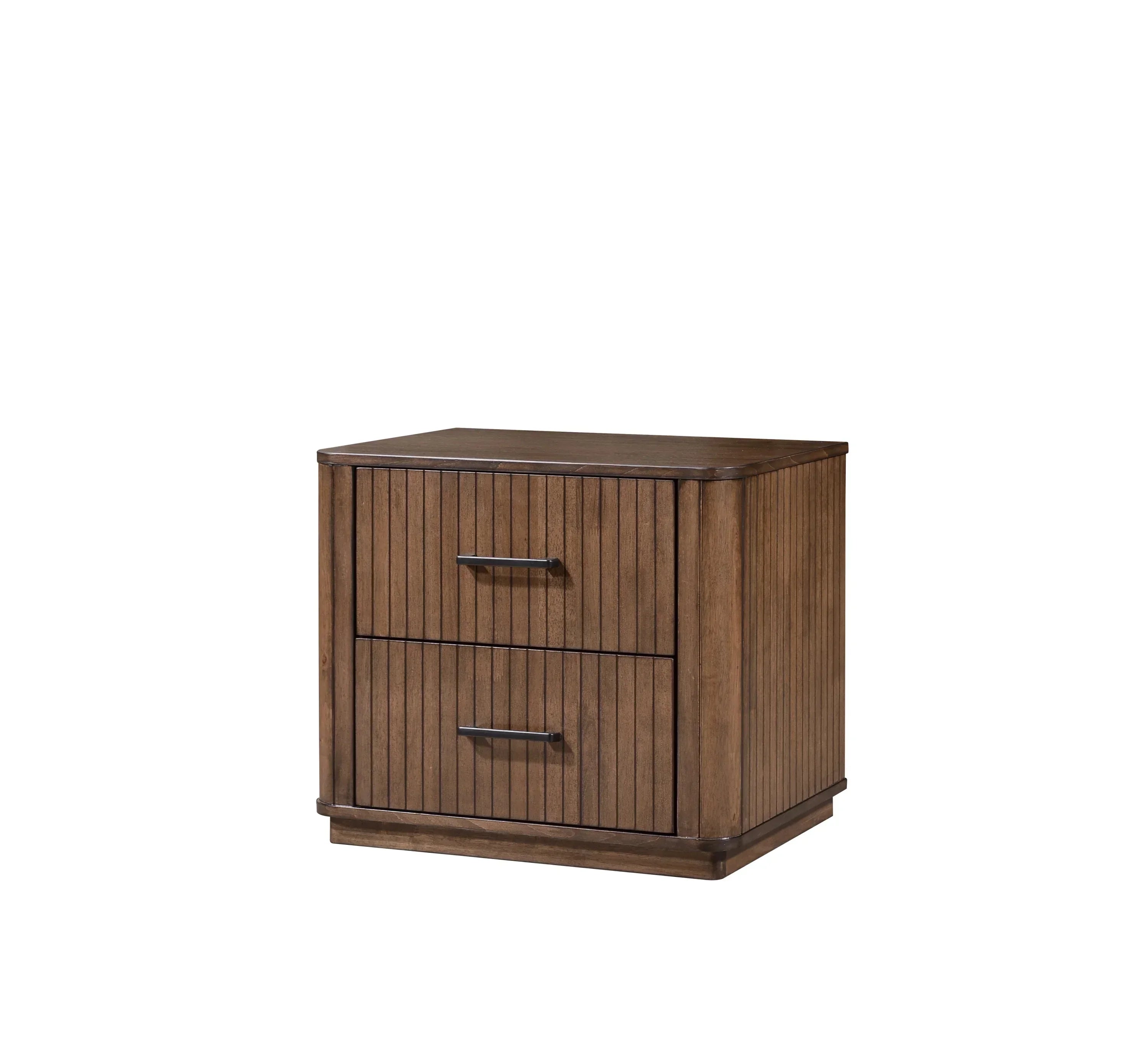 Brown wooden bedside table with two drawers and vertical slat design