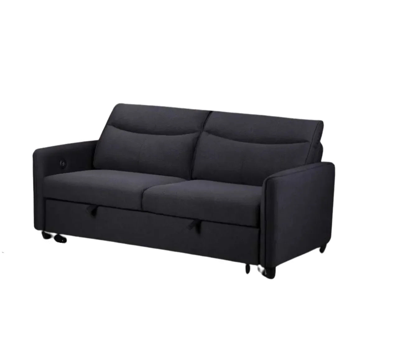 Dark grey fabric sofa bed with armrests and under-seat storage, front angle view