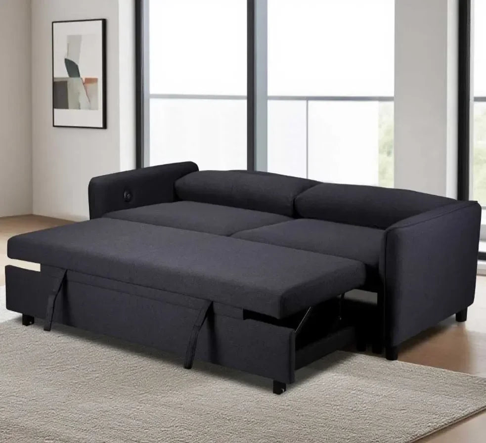 Dark fabric corner sofa bed with pull-out section in modern living room