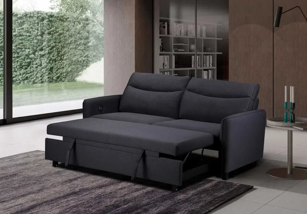 Dark grey fabric sofa bed with pull-out chaise in modern living room
