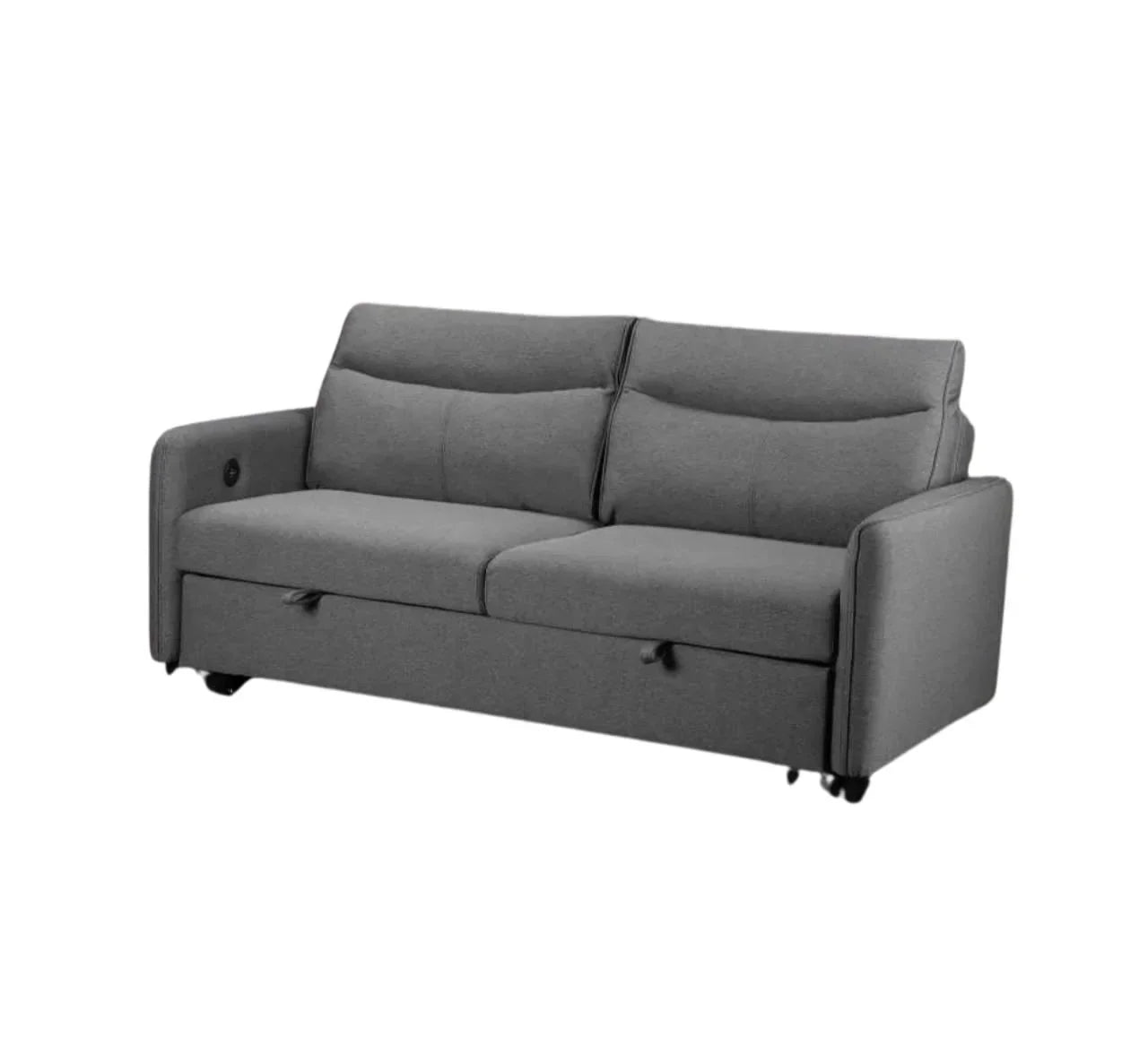 Grey fabric sofa bed with storage drawer and two seat cushions on white background
