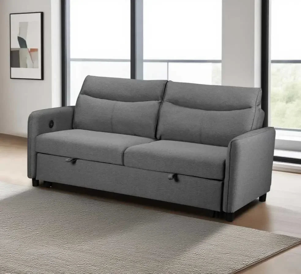 Grey fabric sofa bed with storage, two cushions, armrests in modern living room setting