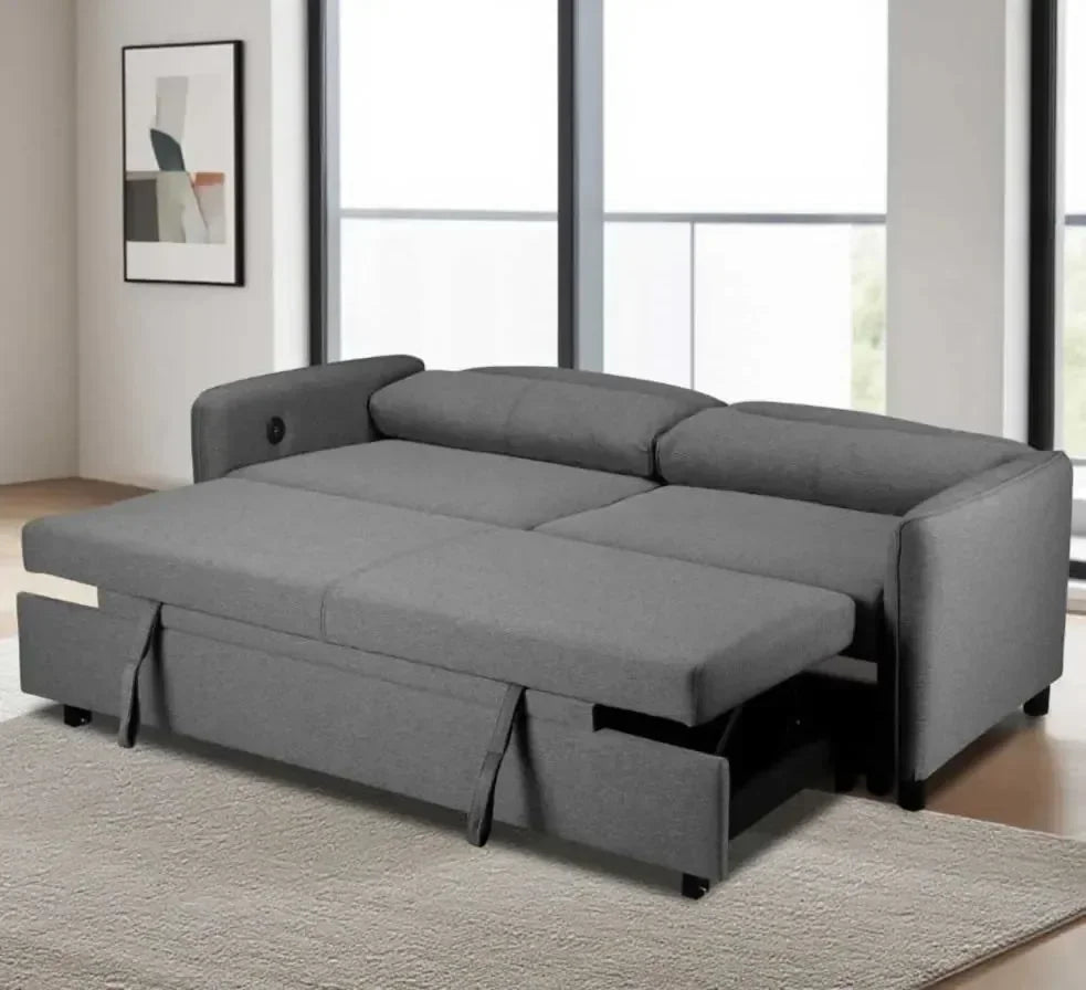 Grey fabric corner sofa bed with pull-out storage drawers in modern living room